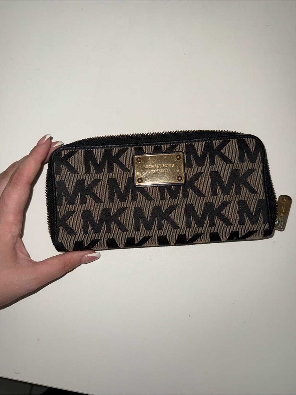 Michael Kors Brown and Black MK Logo Zip Wallet